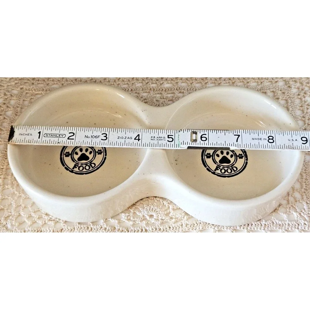 Double Sided Beige Speckled Ceramic Cat Food and Water Dish